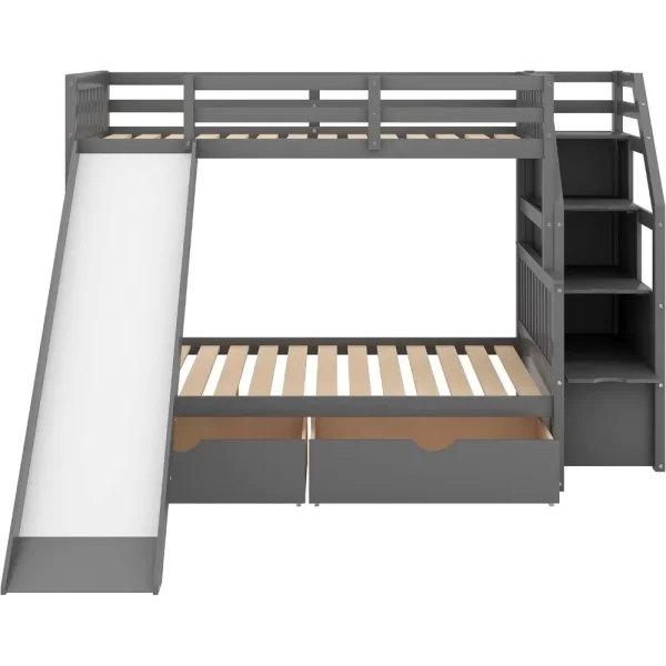 SOFTSEA Twin Over Full Wood Bunk Bed with Slide Solid Wood Bunk Bed with Stairs and Drawers - Image 3