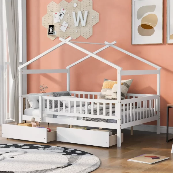 Full Size House Bed with Storage Drawers Playhouse Platform Bed Wooden House-shaped Beds Frame with Fence Guardrail and Roof - Image 8