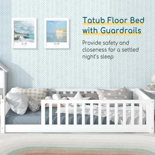 Twin Size Floor Bed for Kids with Safety Guardrails and Door and Slats, Montessori Bed Frame for Kids - Image 2