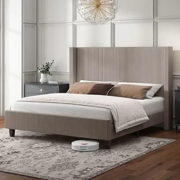 QWHOWE Queen Size Upholstered Platform Frame,Wingback Bed with 50.8" Headboard,Corduroy/Solid Wood Leg/No Box Spring Needed/No - Image 7