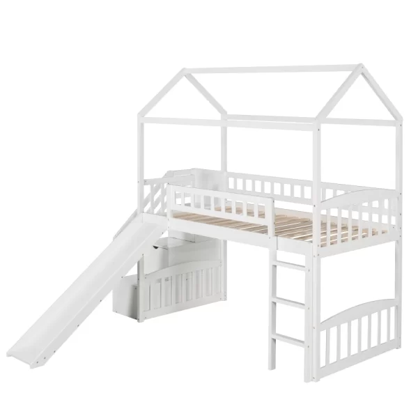 Twin Loft Bed with Two Drawers and Slide, House Bed with Slide, White - Image 3