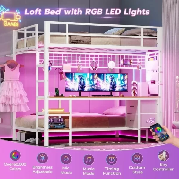 Bunk Bed with Desk, LED Lights, Charging Station, Storage Shelves, Drawers, Safety Guard, Ladder, Metal Frame, Full Over Twin - Image 3