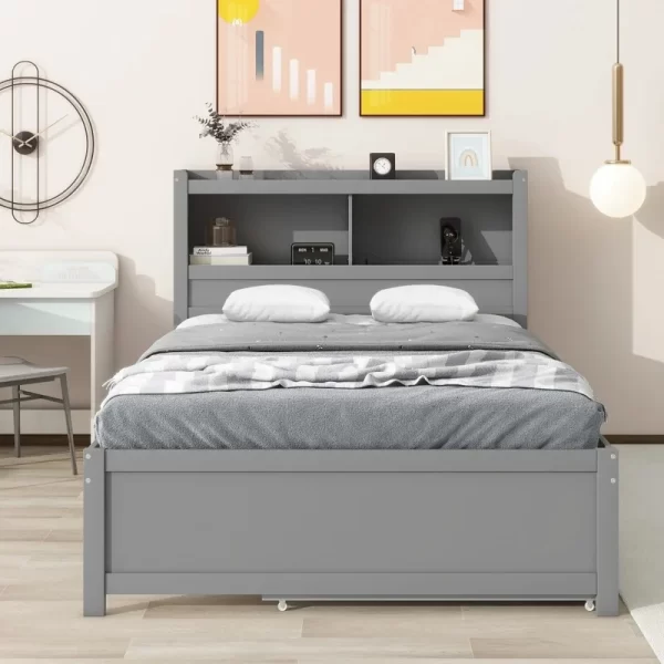 Gray Full Size Platform Bed with Trundle, Storage Drawers, and USB Charging Ports - Image 5