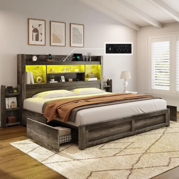 King Size Bed Frame with 4 Storage Drawers,  with 49.6" Tall Bookcase Headboard, with Charging Station, LED Bed Frame - Image 10