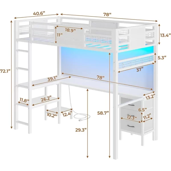 Twin Loft Bed with L-Shaped Desk,  LED Lights & Charging Sation, 3 Fabric Drawers, 2-Tier Storage Shelves, Metal Twin Size Bed - Image 5