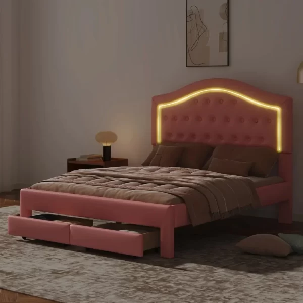 Queen Size Upholstered Platform Bed Frame with LED Lights, Modern Upholstered Princess Bed with Tufted Headboard and 2 Drawers - Image 3