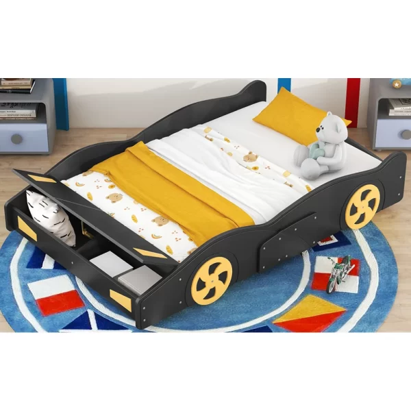 Full Size Race Car-Shaped Platform Bed with Wheels and Storage, Black+Yellow - Image 5