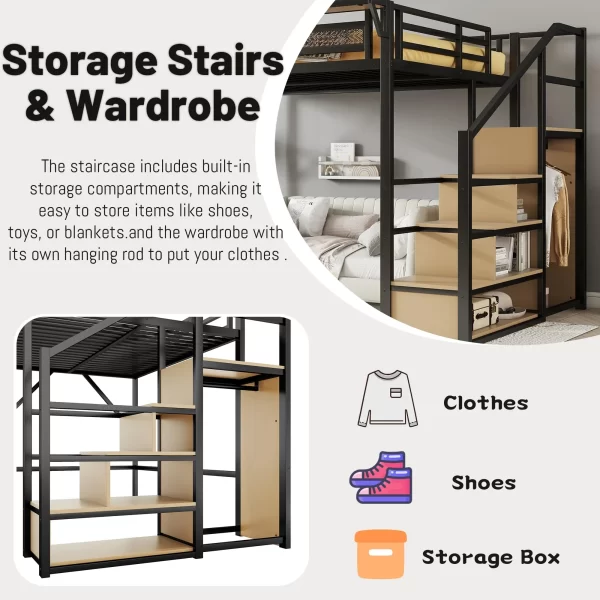 Loft Bed with Stairs, Metal Loft Bed Queen Size with Storage Shelves, Adults Loft Bed with Wardrobe, Heavy Duty High Loft Bed - Image 5