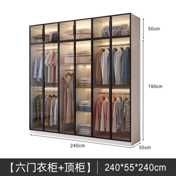 Solid wood large wardrobe household bedroom glass door cloakroom combination cabinet small apartment modern simple storage locke - Image 6