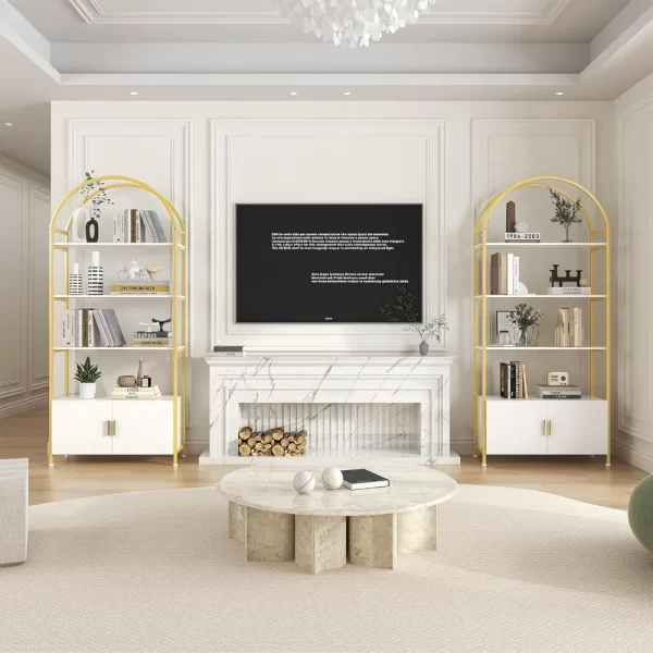 Arched Gold Bookshelf with Doors, 71" Tall Bookcase with Sturdy Metal Frame, Freestanding Display Shelving Unit - Image 5
