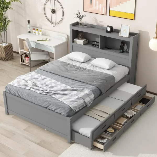 Full Platform Bed with Twin Size Trundle,Bookcase Headboard,Charging Station and 3 Drawers,Wood Full Storage Bed Frame for Kids - Image 10