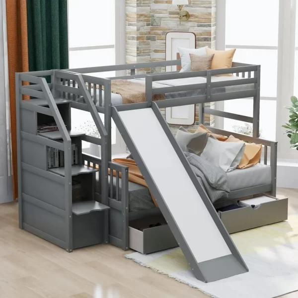 SOFTSEA Twin Over Full Wood Bunk Bed with Slide Solid Wood Bunk Bed with Stairs and Drawers - Image 5