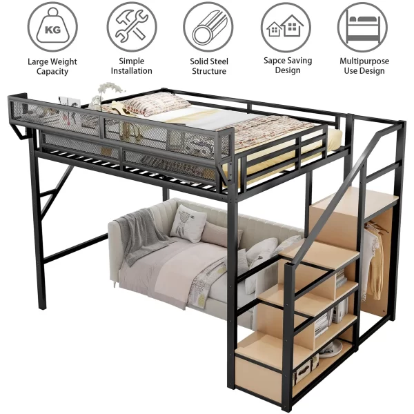 Loft Bed with Stairs, Metal Loft Bed Queen Size with Storage Shelves, Adults Loft Bed with Wardrobe, Heavy Duty High Loft Bed - Image 6