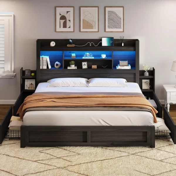 King Size Bed Frame with 4 Storage Drawers,  with 49.6" Tall Bookcase Headboard, with Charging Station, LED Bed Frame - Image 3