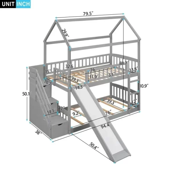 Solid wood children's double bunk bed with slide and stair, stairway with storage shelves, space-saving. - Image 5