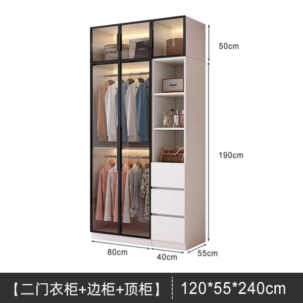 Solid wood large wardrobe household bedroom glass door cloakroom combination cabinet small apartment modern simple storage locke - Image 5