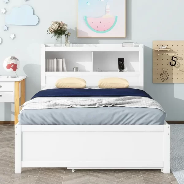 Full Platform Bed with Twin Size Trundle,Bookcase Headboard,Charging Station and 3 Drawers,Wood Full Storage Bed Frame for Kids - Image 2