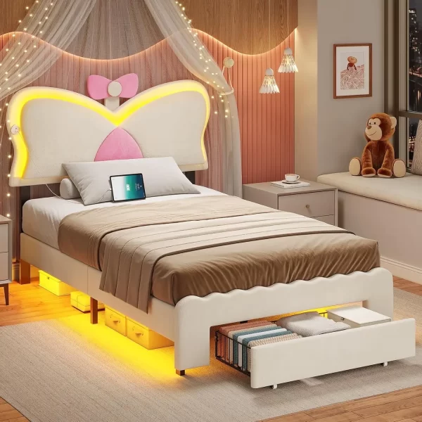 Twin Bed Frames with LED Lights and Storage Drawer, Upholstered Beds Frame Twin Size with Height Adjustable Butterfly Headboard - Image 7
