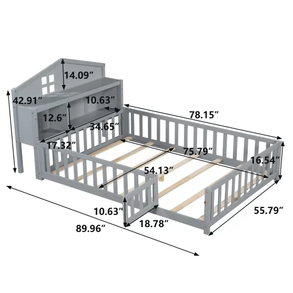 Full-size Montessori Floor Bed with Bookcases and Blackboards, Versatile Platform Beds with Guard rails, Solid Wood Floor Beds - Image 6