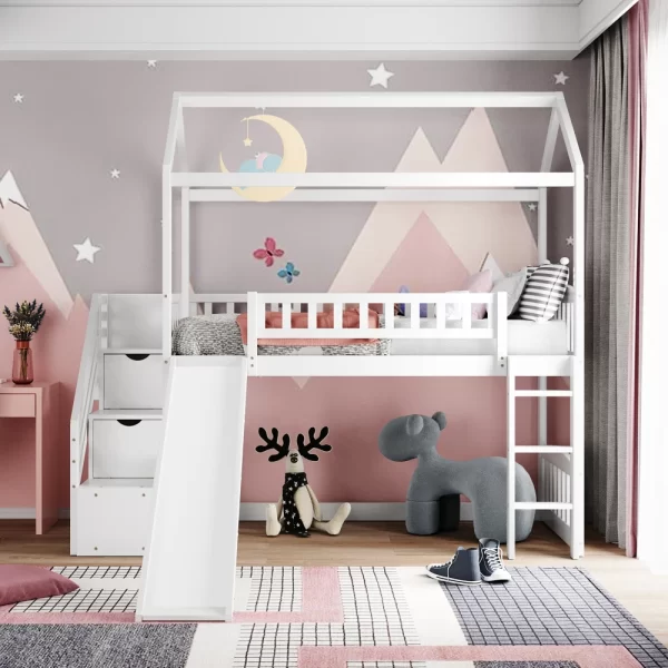 Twin Loft Bed with Two Drawers and Slide, House Bed with Slide, White - Image 2
