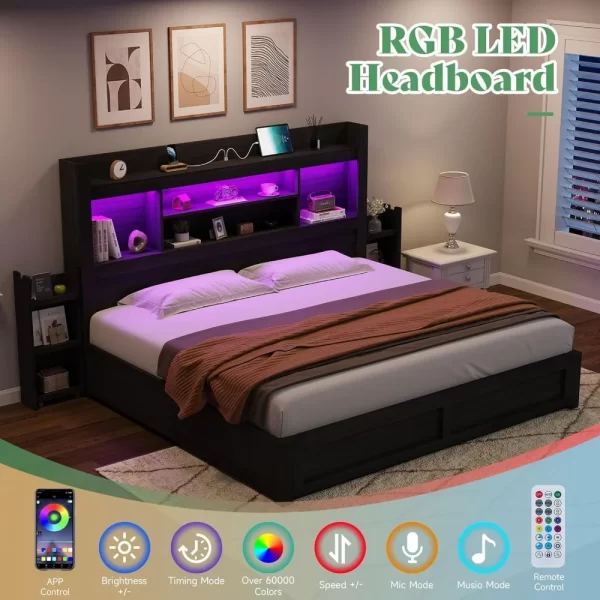 King Size Bed Frame with 4 Storage Drawers,  with 49.6" Tall Bookcase Headboard, with Charging Station, LED Bed Frame - Image 4