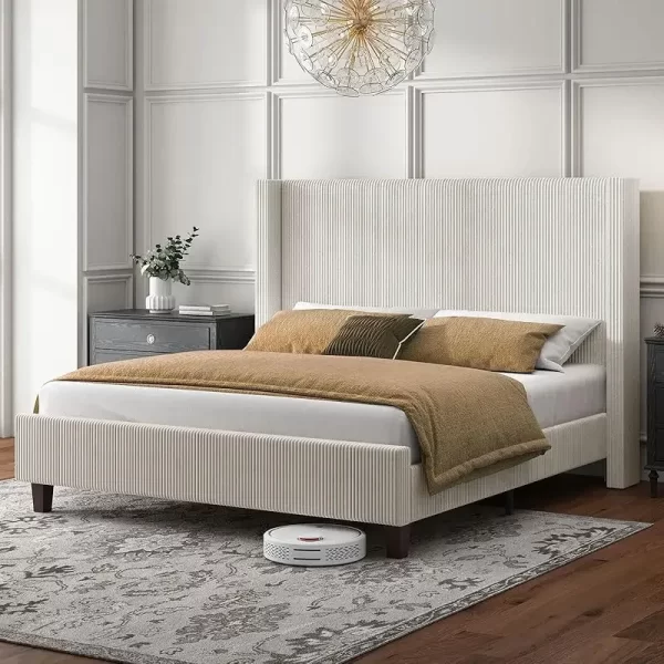 QWHOWE Queen Size Upholstered Platform Frame,Wingback Bed with 50.8" Headboard,Corduroy/Solid Wood Leg/No Box Spring Needed/No - Image 9