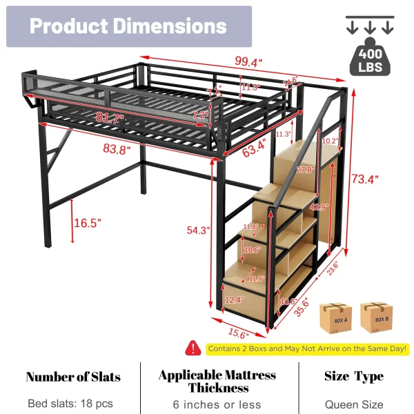 Loft Bed with Stairs, Metal Loft Bed Queen Size with Storage Shelves, Adults Loft Bed with Wardrobe, Heavy Duty High Loft Bed - Image 2