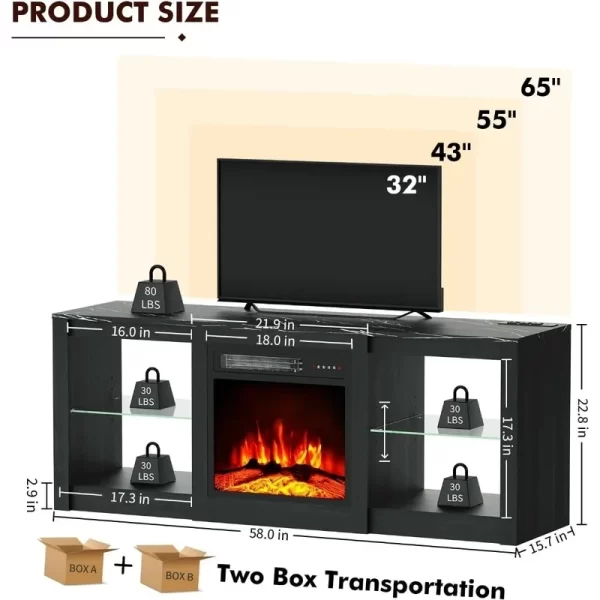 58" Fireplace TV Stand for 65" TV - Entertainment Center with LED Light and Glass Shelves - Image 5