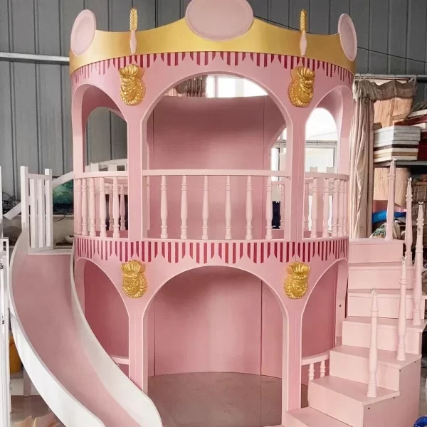 Customizable Solid Wood Pink Princess Castle Bunk Bed with Slide for Children's Bedroom - Image 6