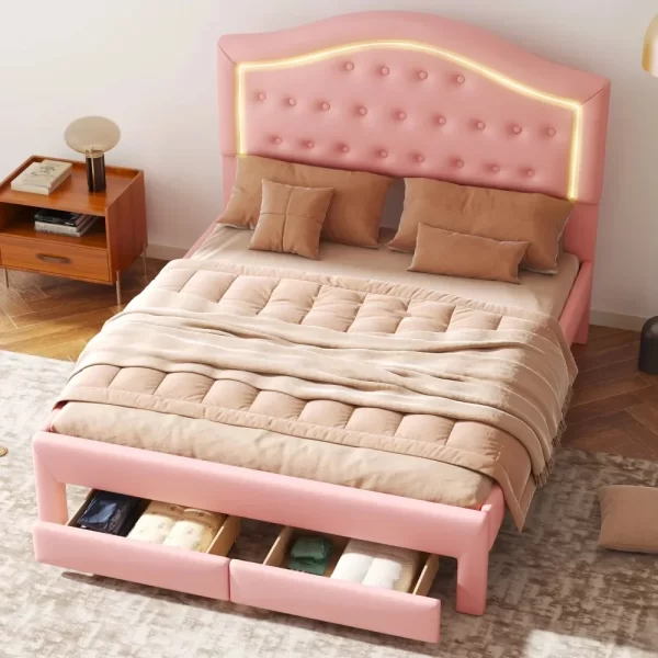 Queen Size Upholstered Platform Bed Frame with LED Lights, Modern Upholstered Princess Bed with Tufted Headboard and 2 Drawers - Image 4