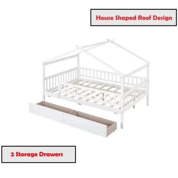 Full Size House Bed with Storage Drawers Playhouse Platform Bed Wooden House-shaped Beds Frame with Fence Guardrail and Roof - Image 5