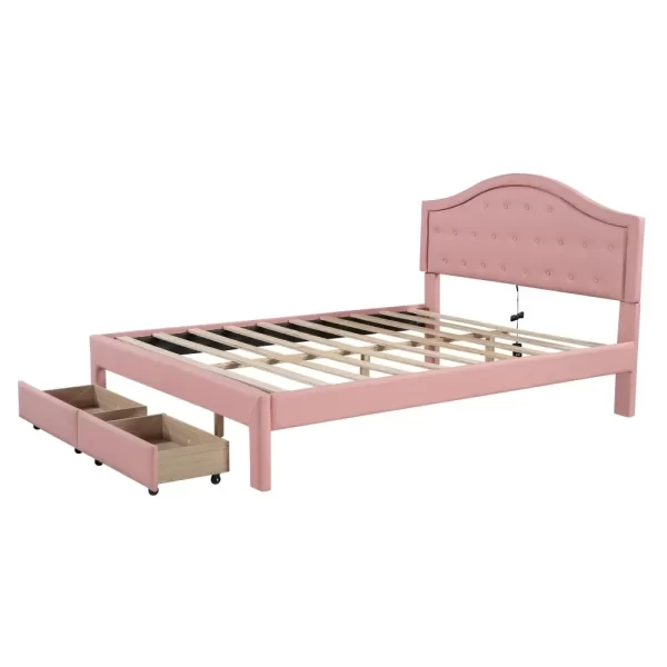 Queen Size Upholstered Platform Bed Frame with LED Lights, Modern Upholstered Princess Bed with Tufted Headboard and 2 Drawers - Image 5