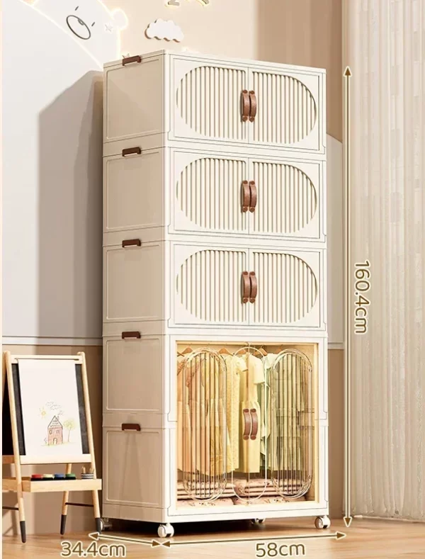 Folding Storage Cabinet With Wheels Double Door Baby Wardrobe Closet Transparent Locker Large Capacity Organizer Bins Shelf - Image 26
