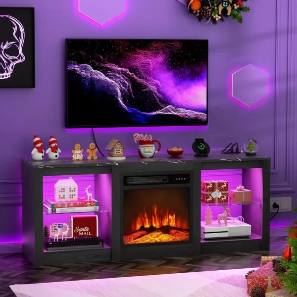 58" Fireplace TV Stand for 65" TV - Entertainment Center with LED Light and Glass Shelves - Image 7