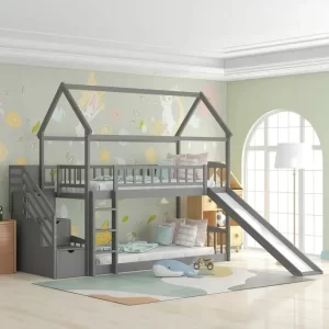 Solid wood children's double bunk bed with slide and stair, stairway with storage shelves, space-saving.