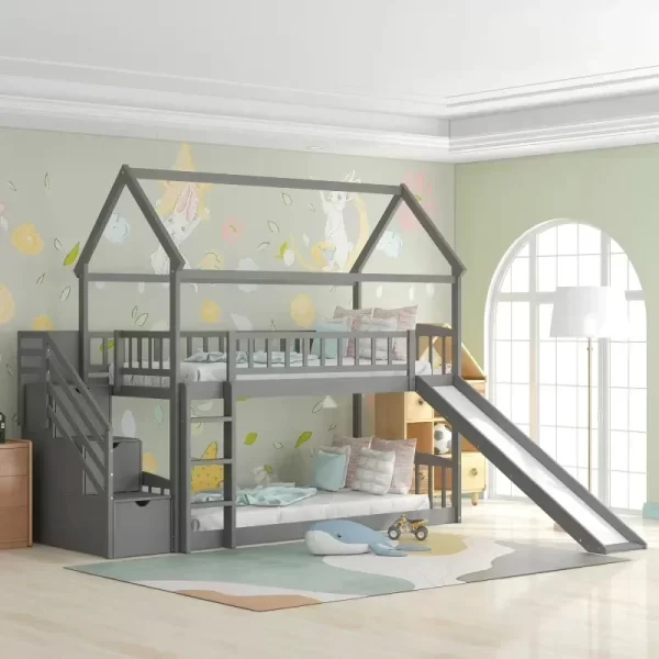 Solid wood children's double bunk bed with slide and stair, stairway with storage shelves, space-saving.