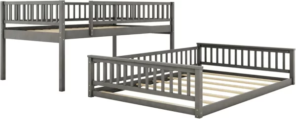 Full Xl Over Queen Floor Bunk Bed, Kids Bedroom Gray Wooden Bunk Bed Frame, Convertible To 2 Separated Beds With Trundle, - Image 4