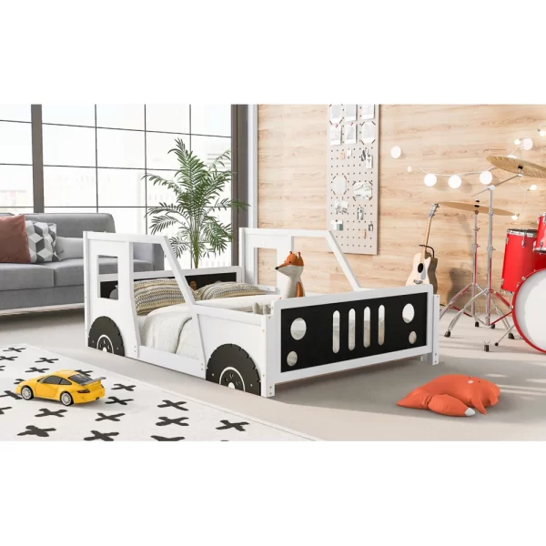 Full Size Classic Car-Shaped Platform Bed with Wheels,White - Image 4