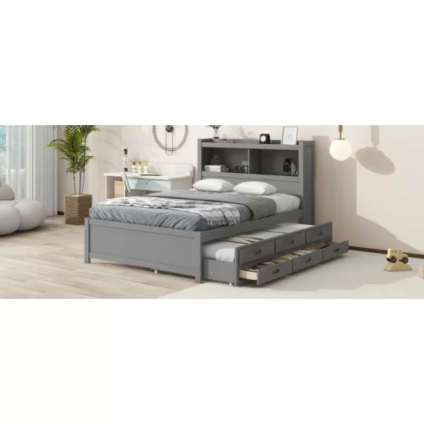 Gray Full Size Platform Bed with Trundle, Storage Drawers, and USB Charging Ports - Image 6