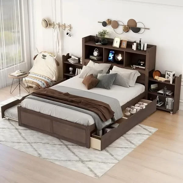 Harper & Bright Designs Full Size Platform Bed with Trundle, Drawers and Bookcase Headboard with USB Plugs, Hardwood Full Size B - Image 9