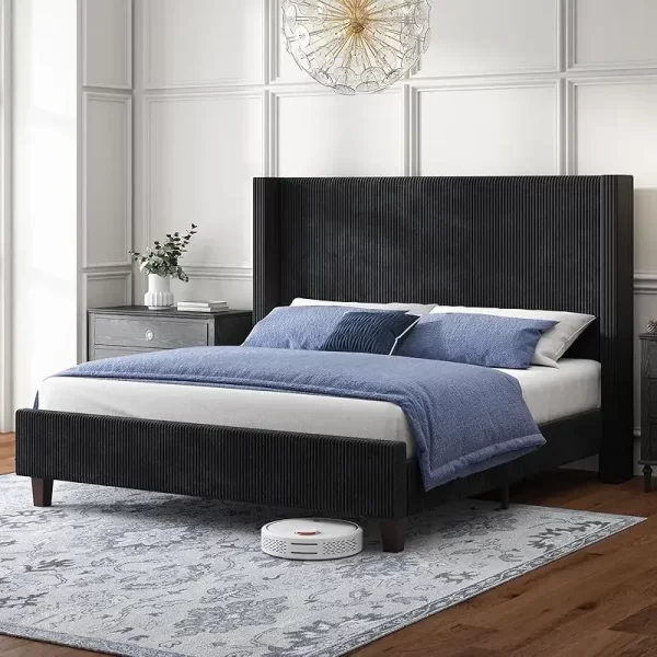 QWHOWE Queen Size Upholstered Platform Frame,Wingback Bed with 50.8" Headboard,Corduroy/Solid Wood Leg/No Box Spring Needed/No - Image 8