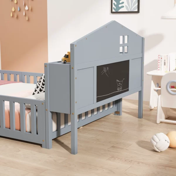 Full-size Montessori Floor Bed with Bookcases and Blackboards, Versatile Platform Beds with Guard rails, Solid Wood Floor Beds - Image 5
