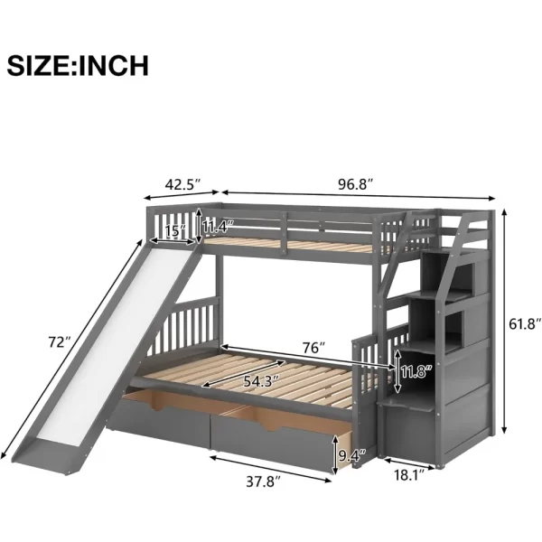 SOFTSEA Twin Over Full Wood Bunk Bed with Slide Solid Wood Bunk Bed with Stairs and Drawers - Image 2