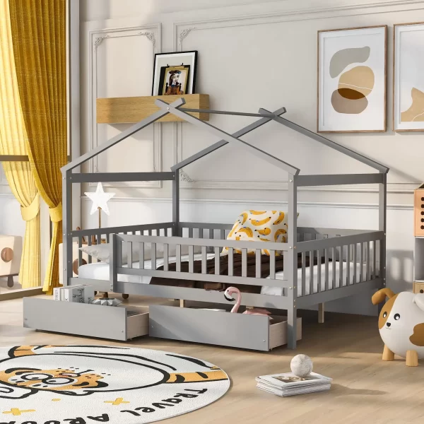 Full Size House Bed with Storage Drawers Playhouse Platform Bed Wooden House-shaped Beds Frame with Fence Guardrail and Roof - Image 9