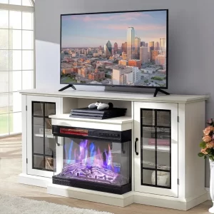 3-Sided Glass Fireplace TV Stand for TVs up to 65'' with 12 Color Options, Media Console Table, and Wine Cabinets
