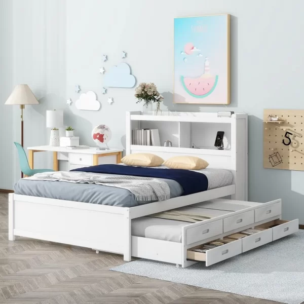 Harper & Bright Designs Full Size Platform Bed with Trundle, Drawers and Bookcase Headboard with USB Plugs, Hardwood Full Size B - Image 6