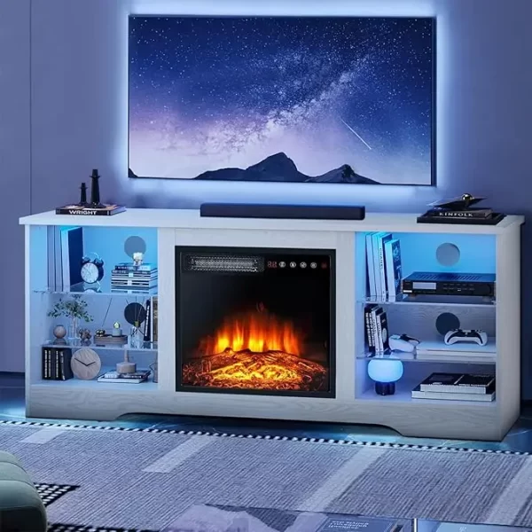 58 Inches Fireplace TV Stand for TVs up to 65 Inches Console with 18'' Electric Fireplace & Remote, Wooden Modern Entert - Image 8