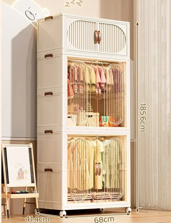 Folding Storage Cabinet With Wheels Double Door Baby Wardrobe Closet Transparent Locker Large Capacity Organizer Bins Shelf - Image 28