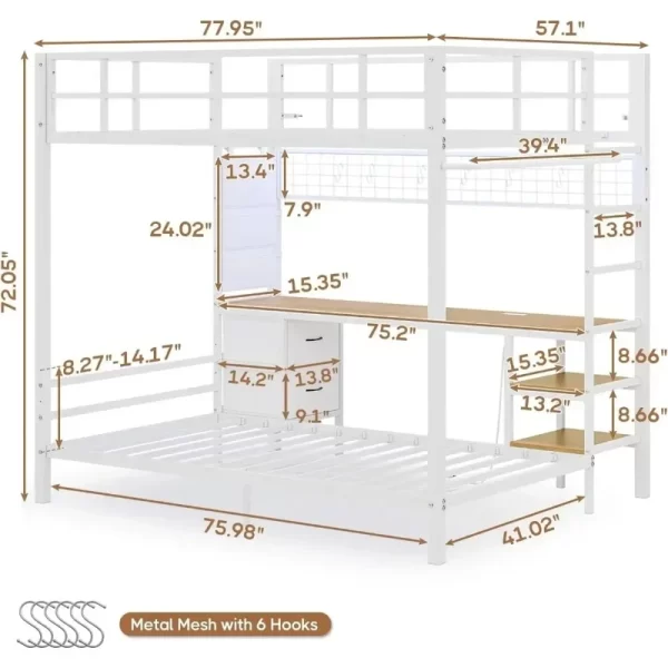 Bunk Bed with Desk, LED Lights, Charging Station, Storage Shelves, Drawers, Safety Guard, Ladder, Metal Frame, Full Over Twin - Image 2
