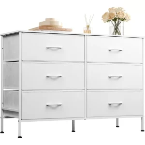 Dresser with 6 Drawers, TV Stand for 50" TV, Entertainment Center with Metal Frame,Wooden Top,Fabric Storage Dresser for Bedroom